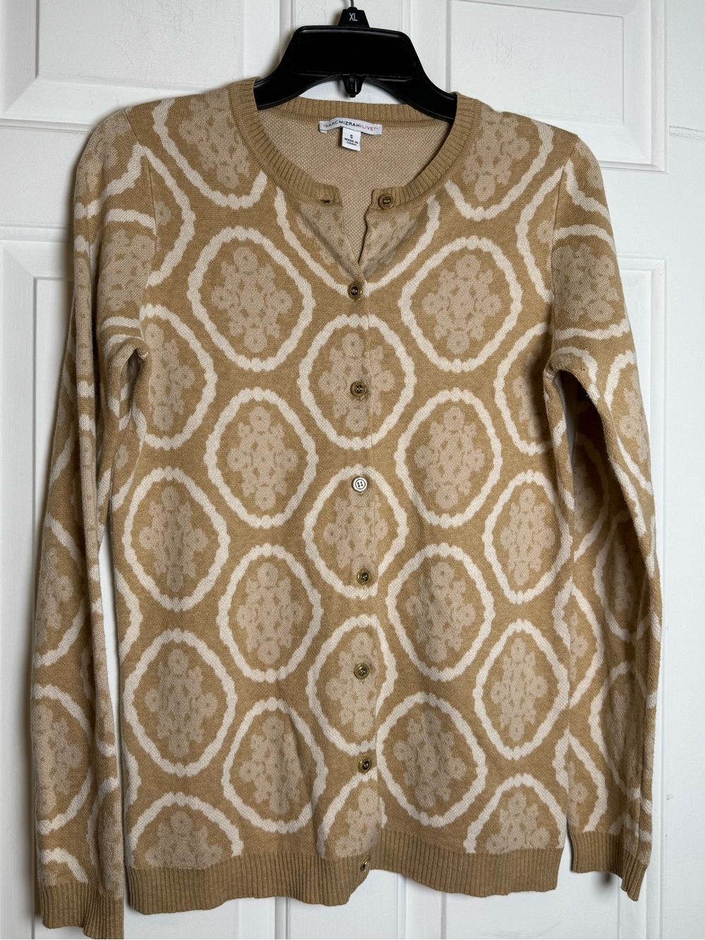 Isaac Mizrahi Geometric Knit Button-Front Tan & Ivory Cardigan Sweater Small